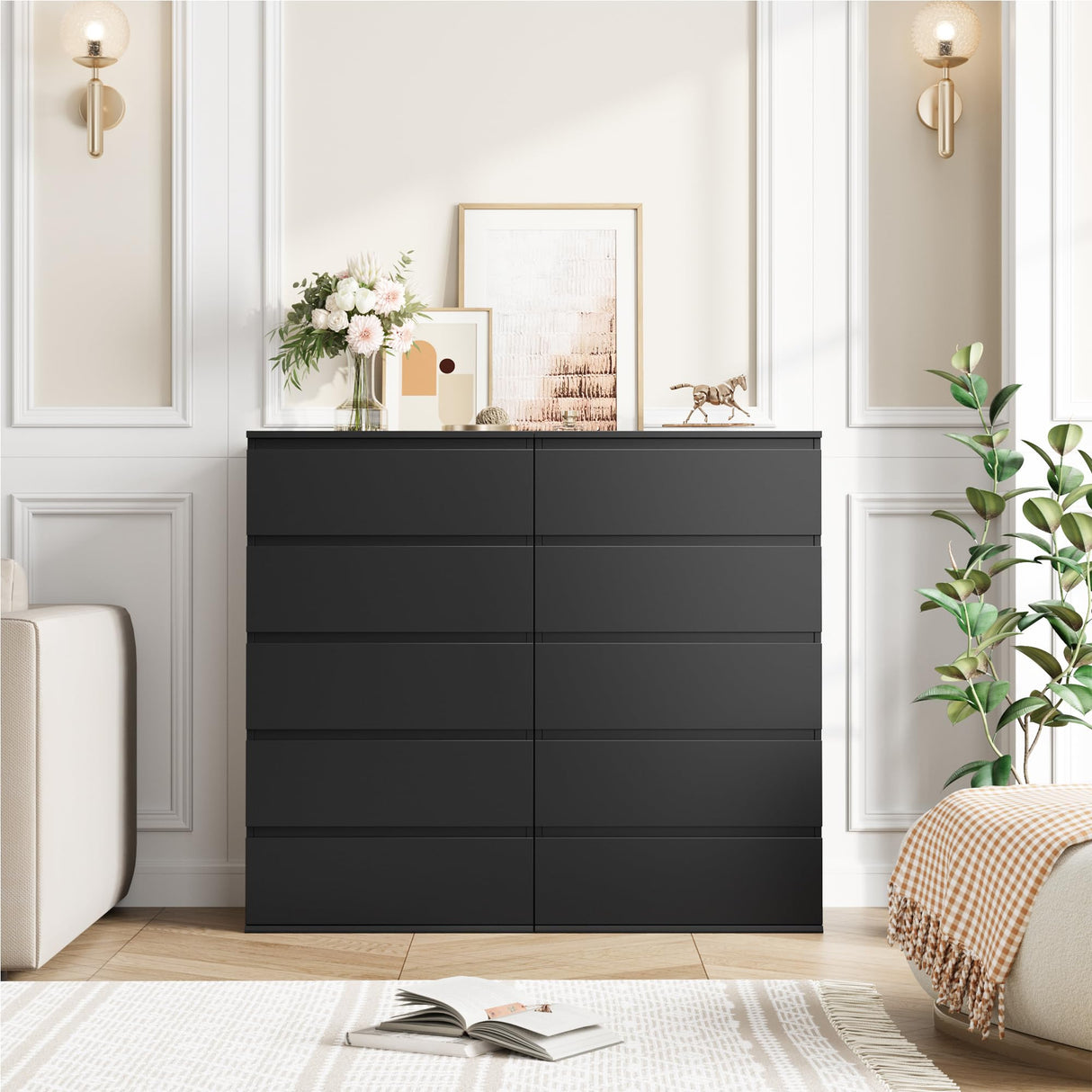 FOTOSOK Black Dresser, 5 Drawer Dresser Tall Black Dresser with Large Storage Space, Modern Storage Chest of Drawers, 23.6L x 17.6W x 39.1H Inch Storage Organizer Cabinet for Home, Black FOTOSOK