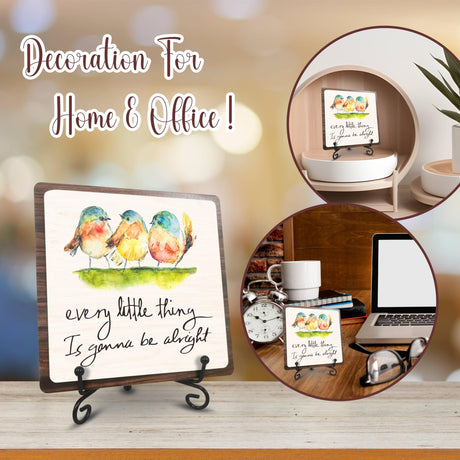 5" Wooden Sign Gift With Iron Stand-Every Little Thing Is Gonna Be Alright - Watercolor Adorable Birds, Positive Reminder,Office & Home motivational wood plaque, Desk Decor & Accessories- A08 Nuckxy
