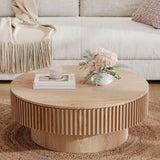 BSYEIO 31.5''Round Coffee Table with Storage, Modern Luxury Circle Drum Center Tables with Solid Wood Veneered, Accent Side Coffee Table for Living Room, Bedroom, Apartment-Natural BSYEIO