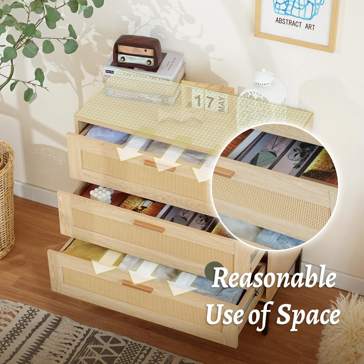 CCF Rattan Dresser 3 Drawer Dresser for Bedroom Mid Century Modern Dresser Natural Rattan Chest of Drawer Light Wood Dresser Boho Dressers for Entryway,Bedroom,Living Room,，Hallway，31.5'*31.5'*15' CCF