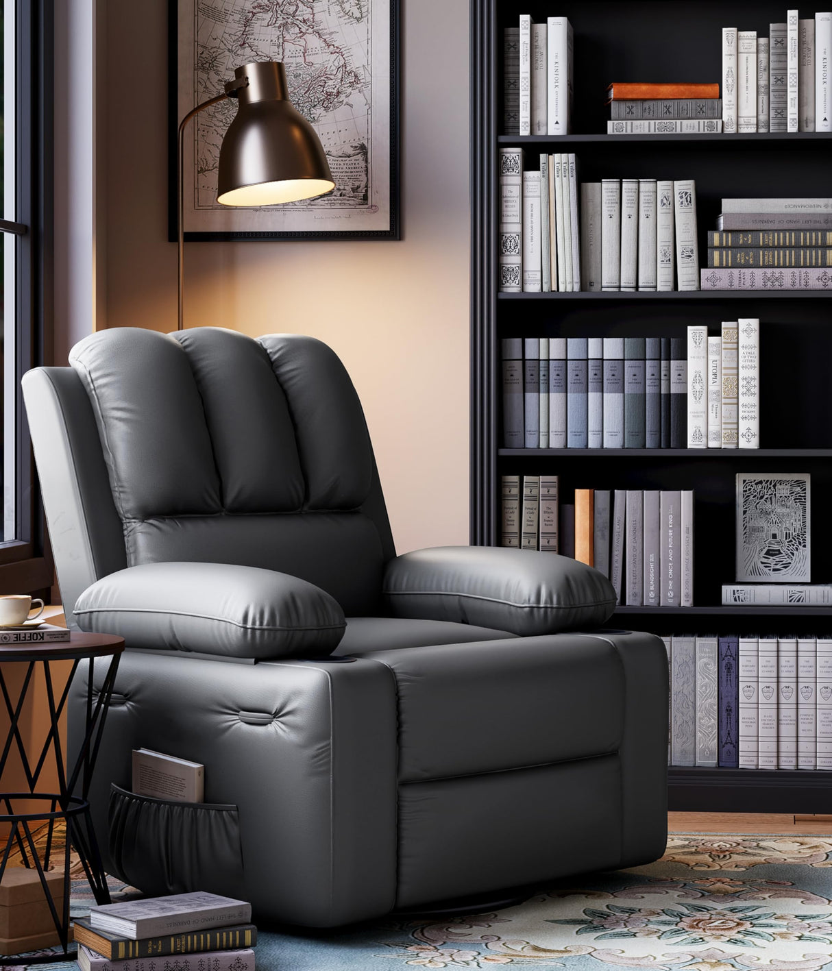 dainslef 22'' Manual Recliner Chair for Adults, PU Leather Recliner with Cup Holders and Side Pockets, Ergonomic Design for Nursery, Living Room, Bedroom, and Home Theater, Grey dainslef