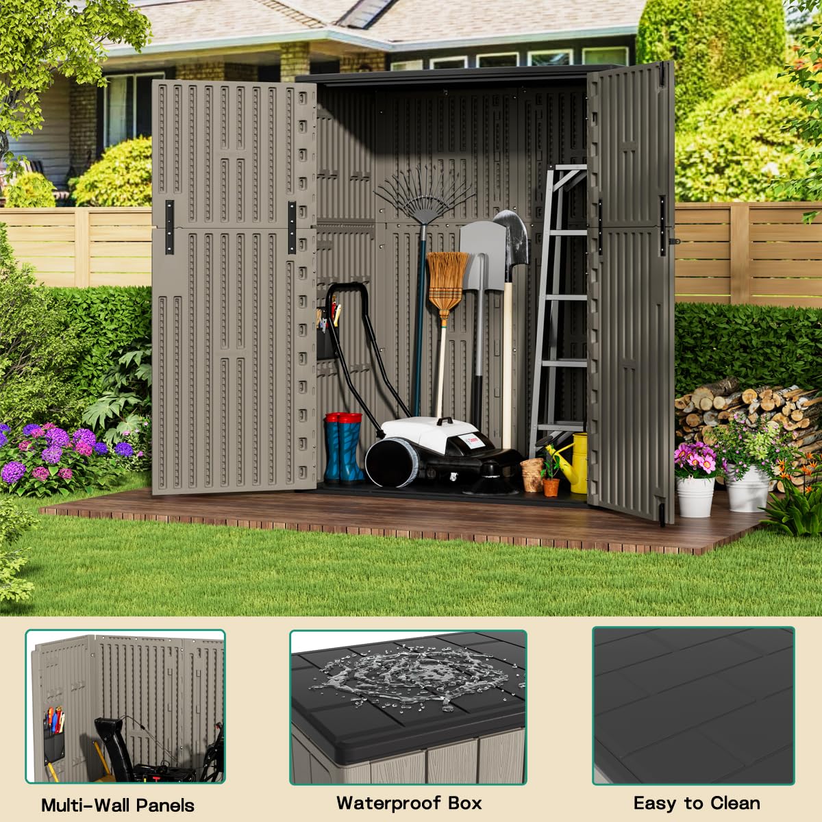 KINYING Outdoor Vertical Storage Shed,57 Cu.ft Outdoor Storage Cabinet Waterproof,Resin Sheds & Outdoor Storage Clearance for Garden,Patio,Backyard,Lockable (Brown) KINYING