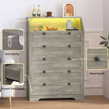 Wodeer Grey Dresser Tall 5 Drawer Dresser for Bedroom, Wood Chest of Drawers with LED Lights, Charging Station, Metal Handles, Modern Storage Cabinet and Organizer Drawers for Living Room, Hallway Wodeer
