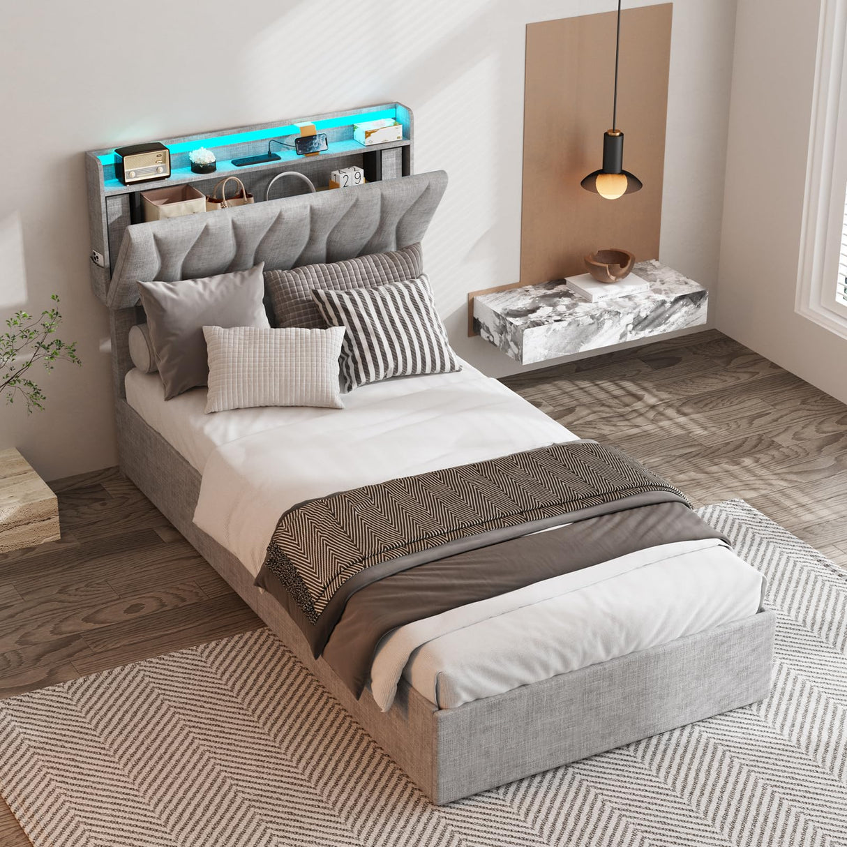 Twin Size Lift Up Storage Bed Frame with Adjustable Headboard, Charging Station, LED Lights, Wood Slats, Noise-Free, No Box Spring Needed, Light Grey Fameill
