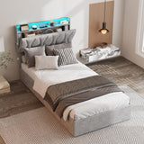 Twin Size Lift Up Storage Bed Frame with Adjustable Headboard, Charging Station, LED Lights, Wood Slats, Noise-Free, No Box Spring Needed, Light Grey Fameill