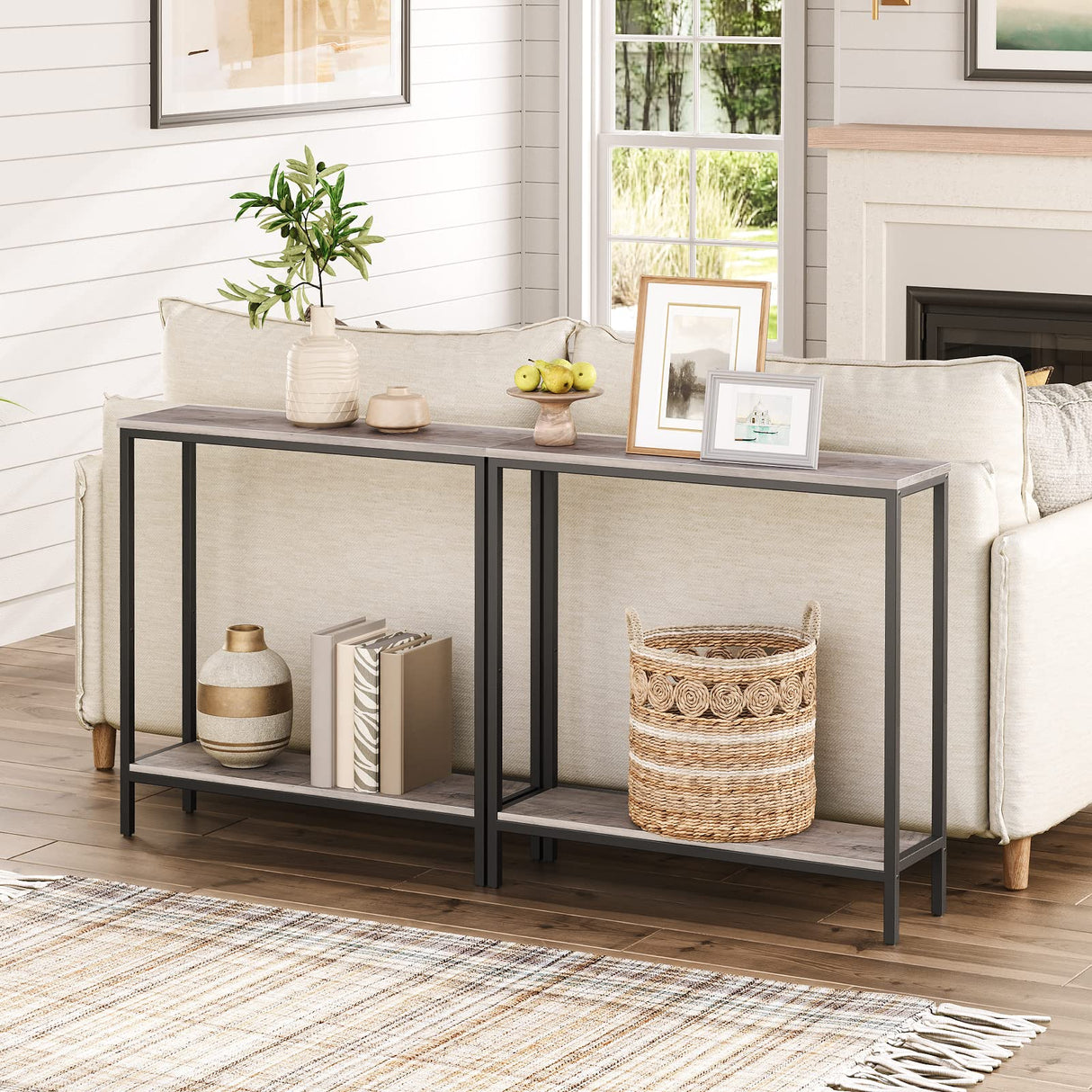 HOOBRO 29.5 Inches Console Table, Narrow Entryway Table with Shelves, Small Sofa Table, Side Table, Display Table, for Hallway, Living Room, Bedroom, Foyer, Greige and Black BG22XG01 HOOBRO