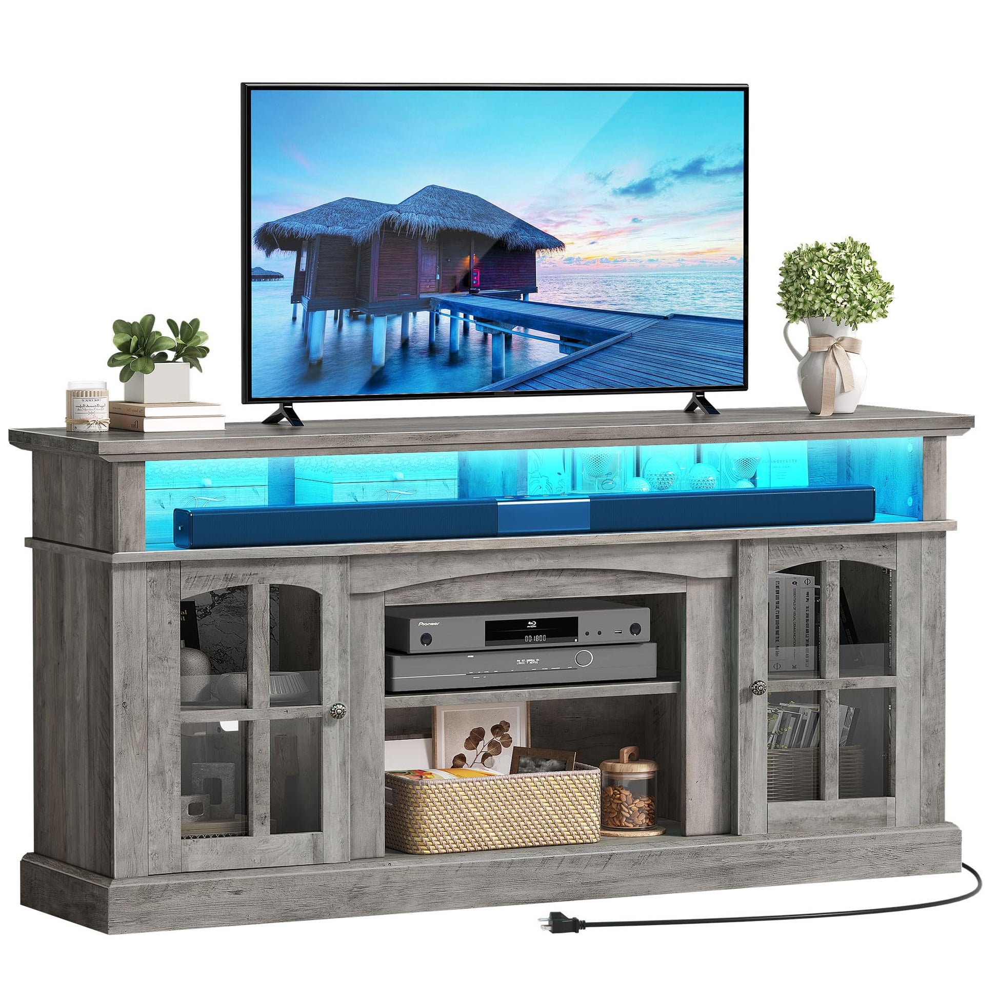 YITAHOME LED Farmhouse TV Stand for TV up to 75 Inch w/Outlets, Highboy Media Entertainment Center Console Table Adjustable Storage Shelves &Cabinet Glass Door for 360lbs for Living Room, Rus - WoodArtSupply