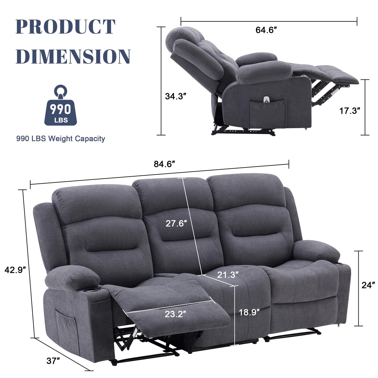 Weture Oversized Recliner Sofa with Heat and Massage, Wall-Hugger Reclining Sofa with Cup Holders and USB Port, Big Large 3-Seater RV Recliner Couch Sofa for Living Room (Fabric, Grey) Weture