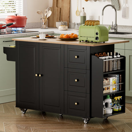 55.6“ Kitchen Island On Wheels, Rolling Kitchen Island Cart with Drop Leaf, Kitchen Storage Cabinet with 3 Drawers and Inner Adjustable Shelves for Dining Room/Living Room, Towel Rack Spice Cart Black VALONDINO