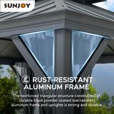 Sunjoy Hardtop Gazebo 10 x 12 ft. Outdoor Patio Aluminum Frame Gazebo with Solar Panel, 2-Tier Steel Hardtop Backyard Gazebo with Netting and Ceiling Hook, Black Sunjoy