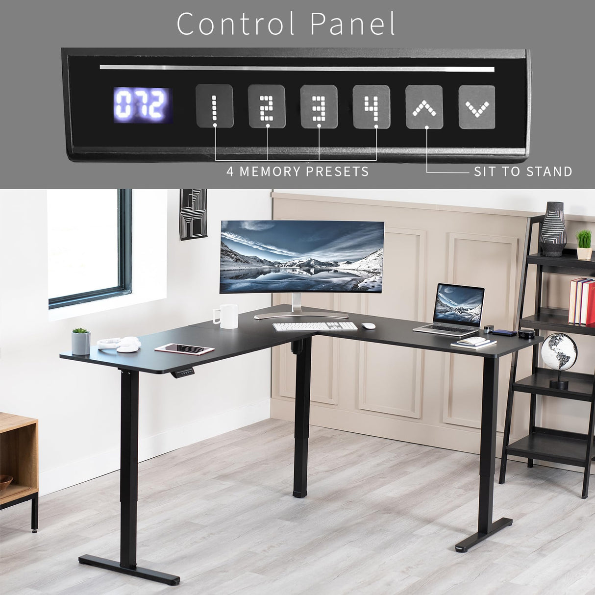 VIVO Electric Corner L-Shaped 75 x 63 inch Standing Desk, Height Adjustable, Memory Controller, Black Top Black Frame, DESK-E3CTB-75 VIVO