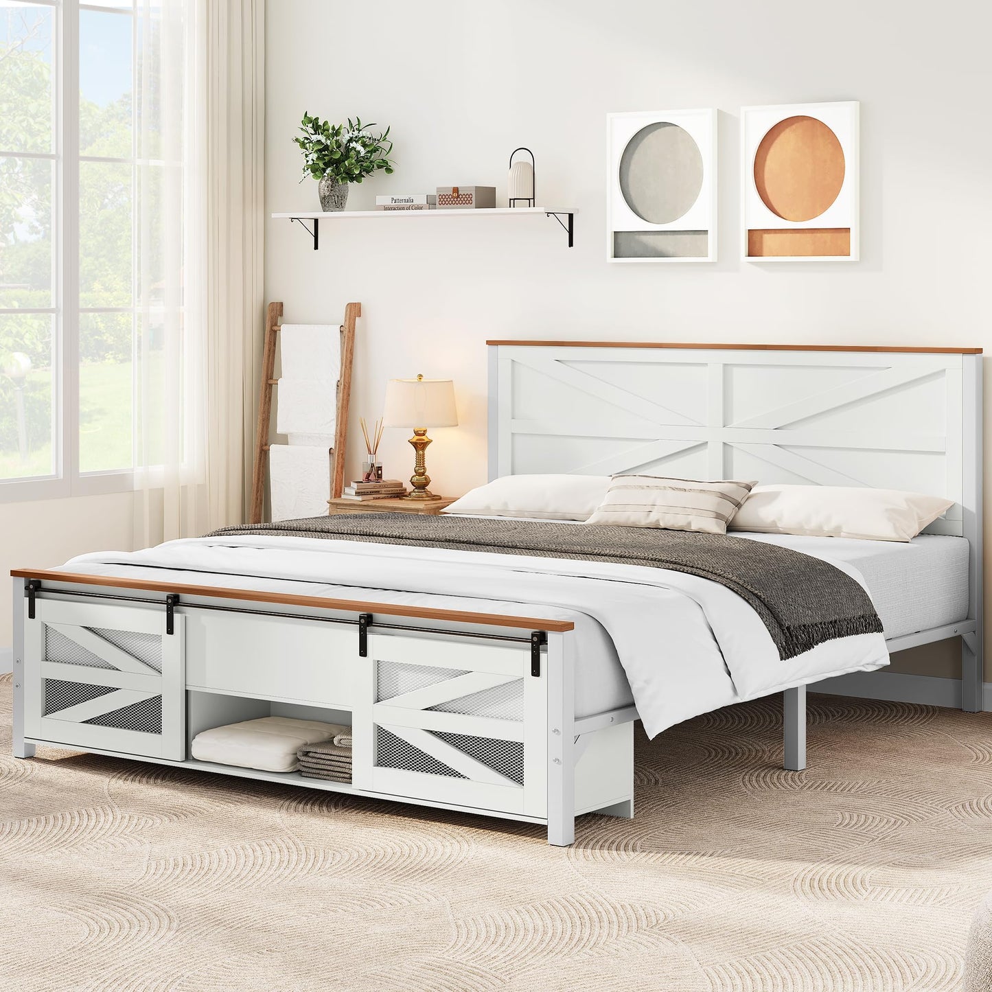 YITAHOME Farmhouse Queen Size Bed Frame with Sliding Barn Door Storage Cabinets, Farmhouse Platform Bed Frame with Headboard Solid Metal Slats Support, Noiseless, No Box Spring Needed, White