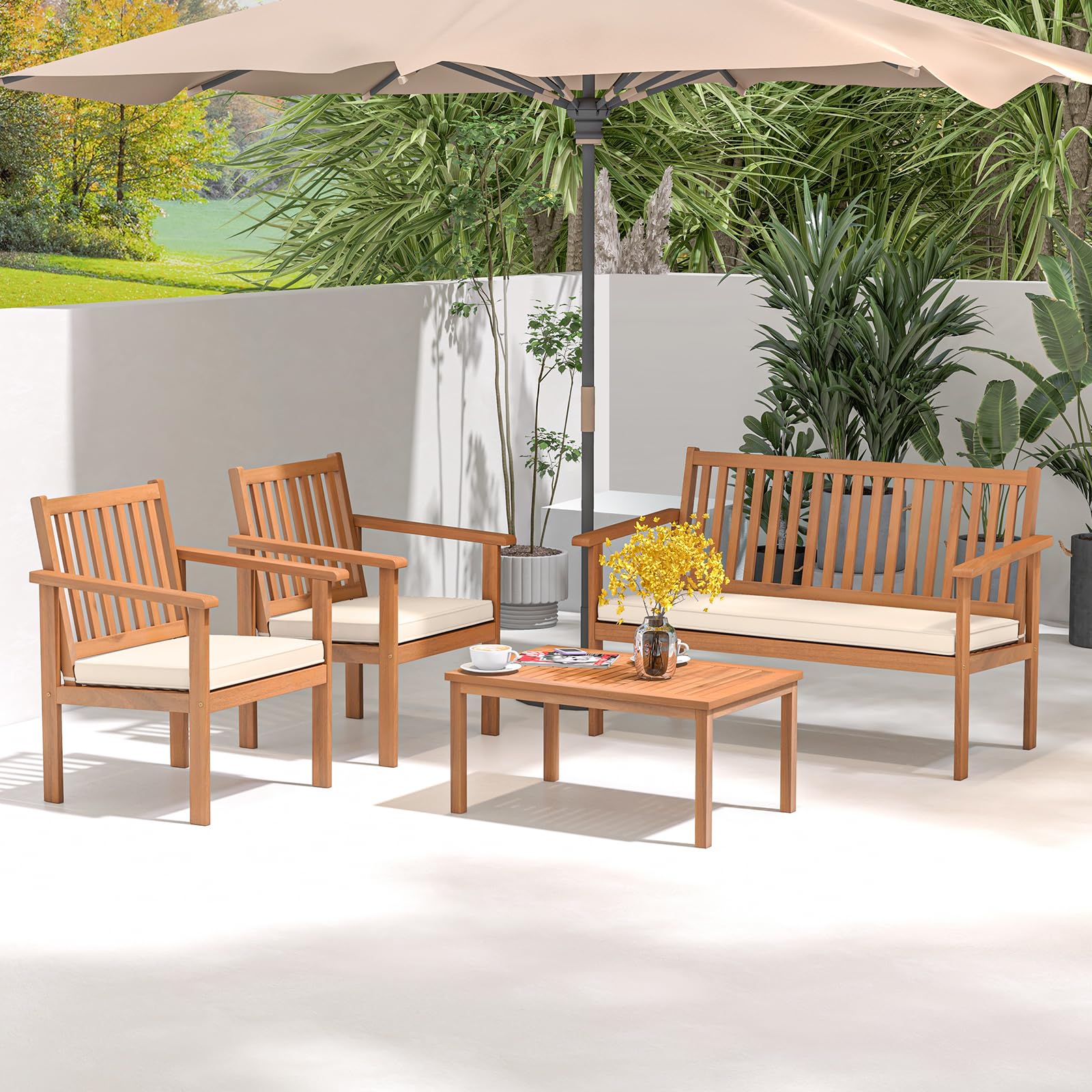 Tangkula 4 Piece Patio Wood Furniture Set, Acacia Wood Sofa Set w/Loveseat, 2 Chairs & Coffee Table, Soft Seat Cushions, Outdoor Wood Furniture Set for Porch, Yard, Balcony (Off White) - WoodArtSupply