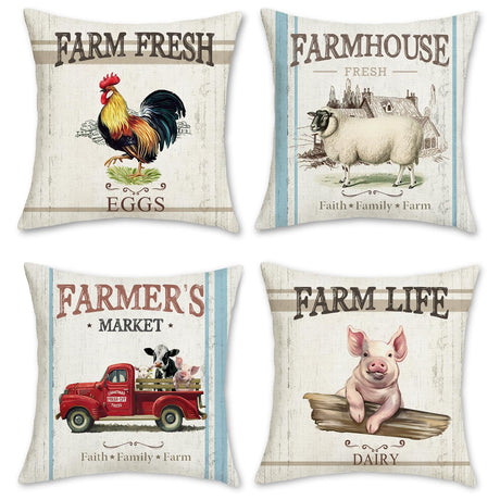 Bonhause Vintage Farmhouse Animals Throw Pillow Covers 18 x 18 Inch Rooster Pig Sheep Retro Truck Pillows for Couch Sofa Home Decor Set of 4 Bonhause
