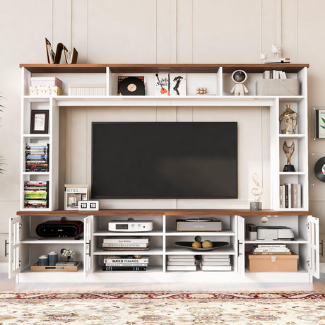 Tdewlye 95.5" W Wall Unit TV Stand Media Console with Bookshelves for TVs up to 80", Entertainment Center with Cabinets, Tempered Glass Doors and Adjustable Shelves,for Living Room (White@W) Tdewlye