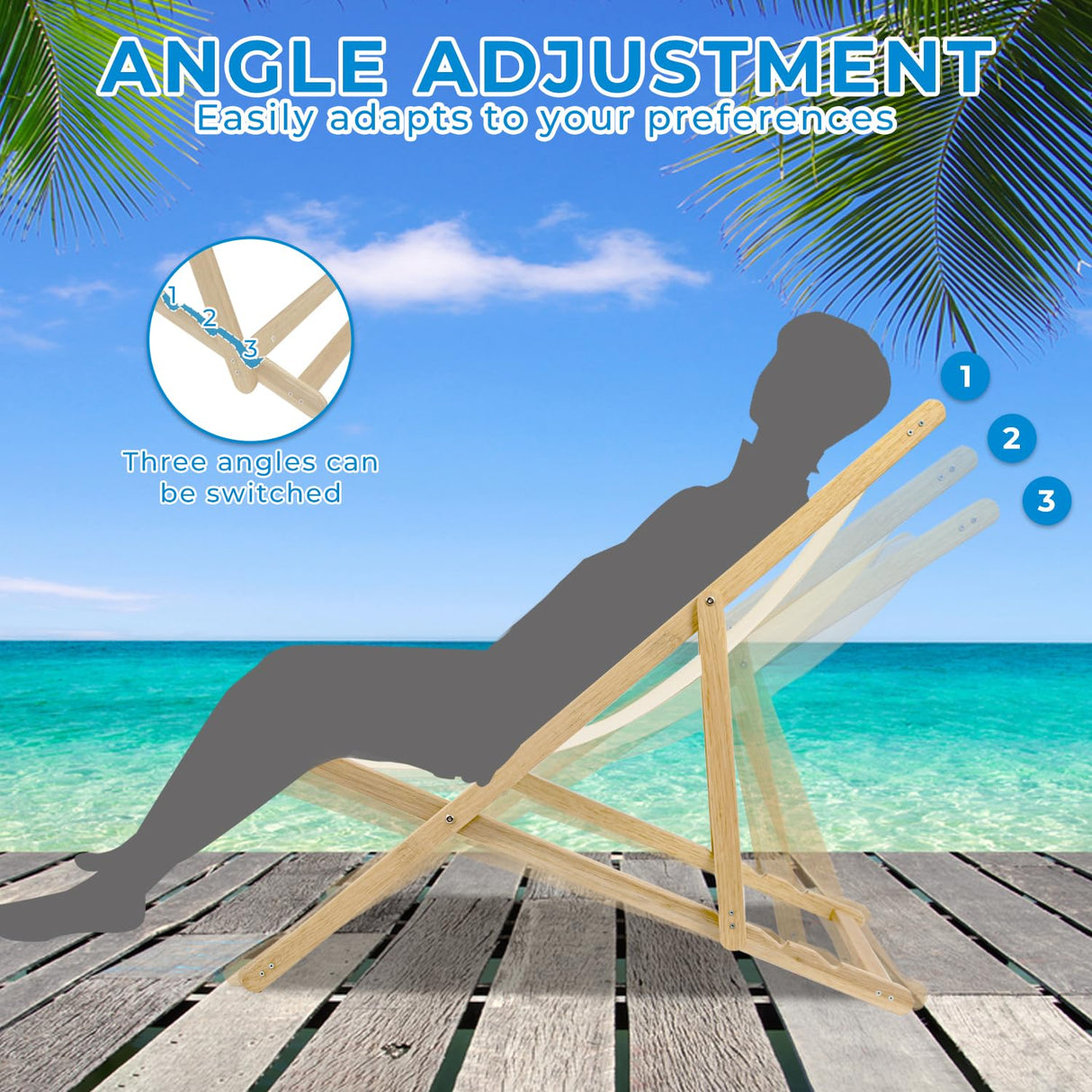 ketive Patio Lounge Chairs Set of 2 Adjustable Outdoor Wooden Sling Chairs, Made of Acacia Wood and Oxford Cloth, 250 lbs Capacity, Foldable and Easy to Carry for Patio and Indoor Use ketive