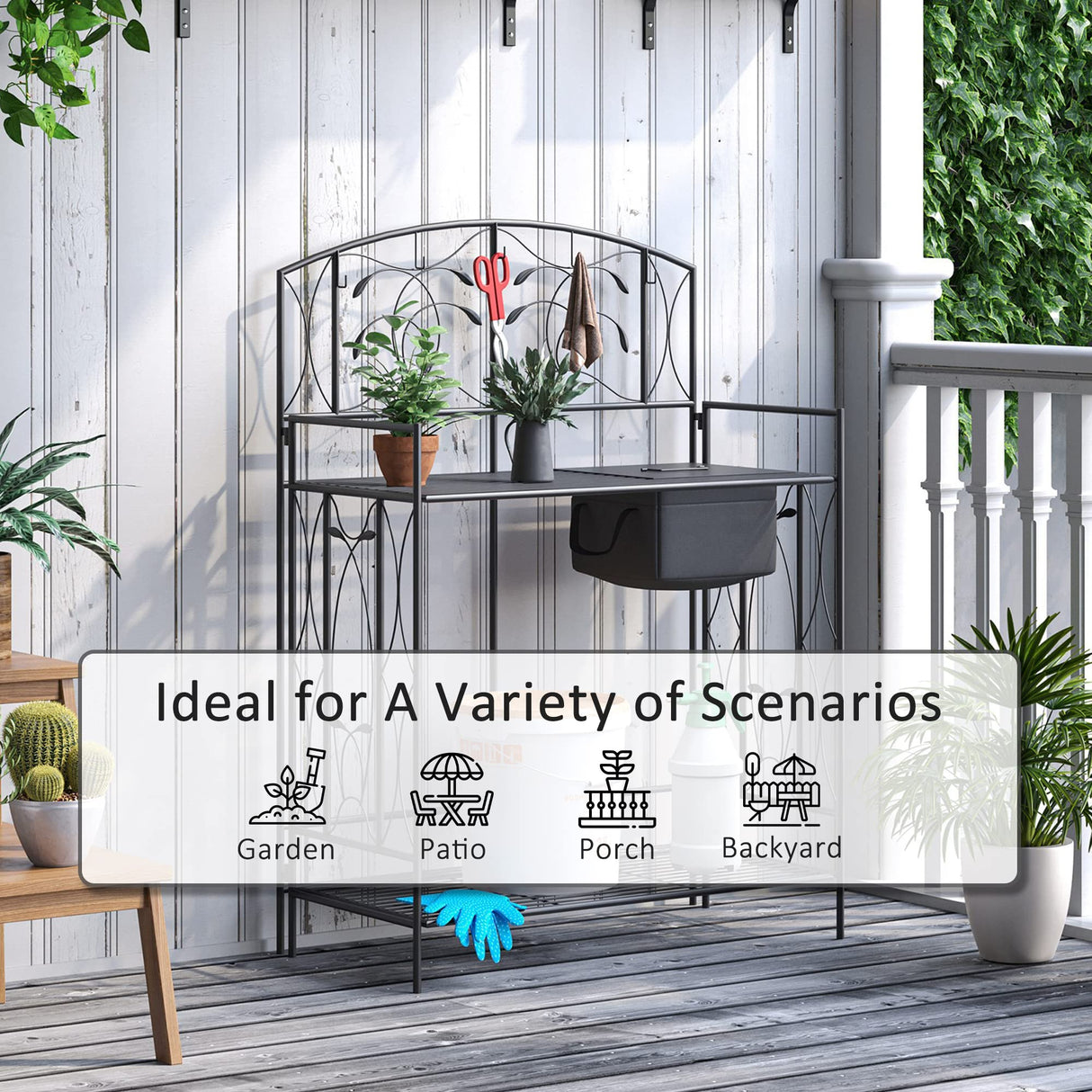 Outsunny Folding Potting Bench Table, Metal Garden Workstation, Work Bench with Large Built-in Bag with Cover, 5 Hanging Hooks & Storage Shelf, Leaf Pattern Outsunny