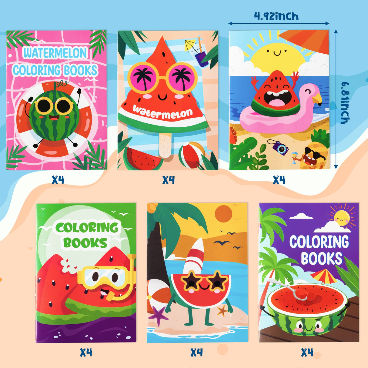 Dvbonike 24Pcs Watermelon Coloring Books Summer Themed DIY Color-in Pages with Seaside Beach Sunglasses Drawing Party Favors Gifts Home School Classroom Game Art Activity Supplies for Kids Age 4-8 Dvbonike