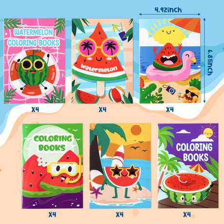 Dvbonike 24Pcs Watermelon Coloring Books Summer Themed DIY Color-in Pages with Seaside Beach Sunglasses Drawing Party Favors Gifts Home School Classroom Game Art Activity Supplies for Kids Age 4-8 Dvbonike