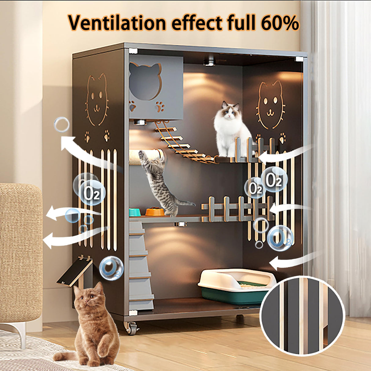 Large Indoor Cat Enclosure, Wooden Large Cat Villa, Indoor/Outdoor Cat Enclosure with Wheels, Multi-Feature Enclosed Cat Houses for Indoor Cats Ventilation Glass Doors, 50" X 36" X 24" HUATOL
