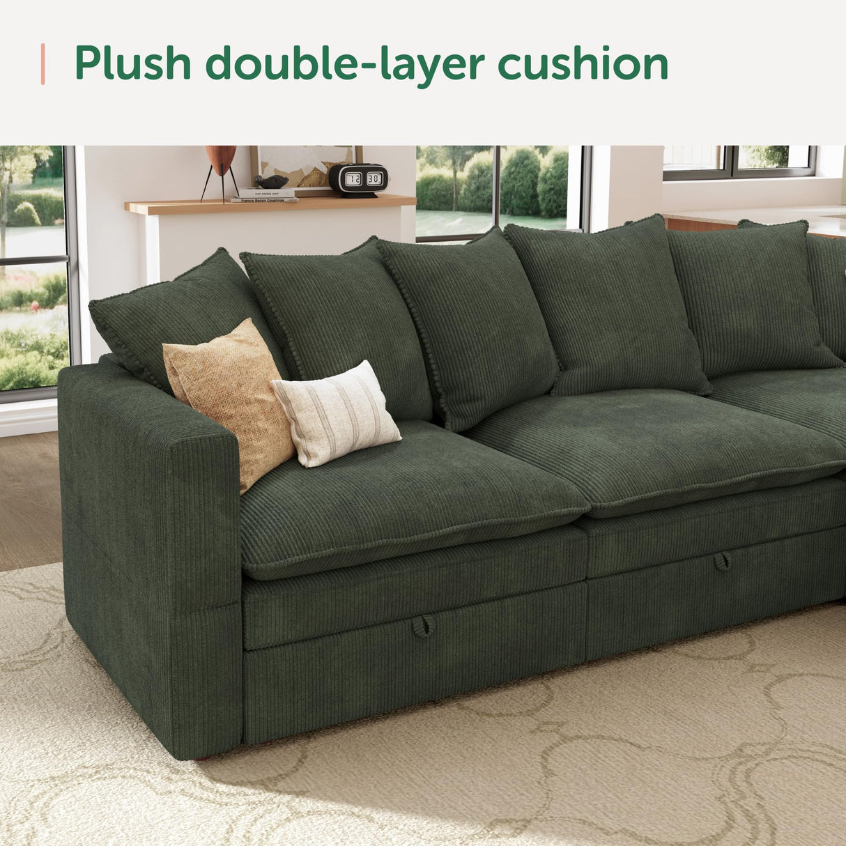 HONBAY Modular Sectional Sofa, Corduroy Sectional Couches for Living Room, U Shaped Couch with Storage, Green HONBAY