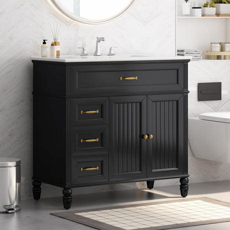 36" Bathroom Vanities with Ceramic Sink, Storage Cabinet with 2 Doors and 2 Drawers, Vintage Legs, Solid Wood & MDF Board, Black Merax