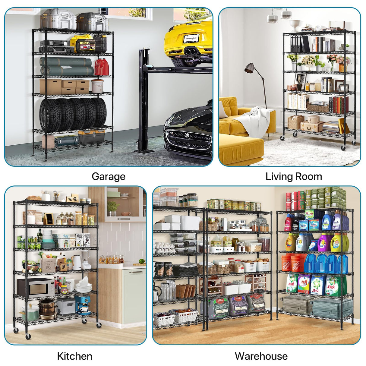 Metal Shelves Garage Shelving Wire Shelving Unit with Wheels, 6000lbs Weight Capacity Heavy Duty NSF Height Adjustable Storage Shelves 6 Tier Steel Commercial Grade Wire Rack, Black Dkeli