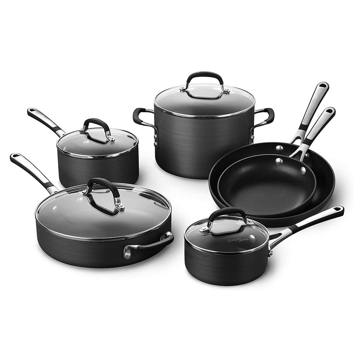 Calphalon 10-Piece Non-Stick Kitchen Cookware Set, Black Pots & Pans with Stay-Cool Stainless Steel Handles, Hard-Anodized Aluminum for Even Heating Calphalon