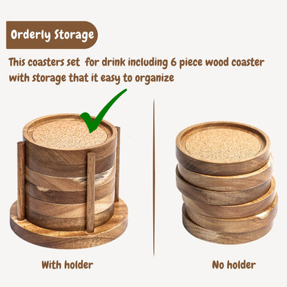 Wood Cork Coasters for Drinks with Holder, 4.13 Inch, Set of 6, Acacia Wood Coasters, Absorbent Coaster, Absorbent Drink Coasters, Table Coasters for Wood Table, Coasters for Coffee - WoodArtSupply