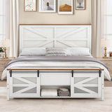 YITAHOME Farmhouse Queen Size Bed Frame with Sliding Barn Door Storage Cabinets, Farmhouse Platform Bed Frame with Headboard Solid Metal Slats Support, Noiseless, No Box Spring Needed, White YITAHOME