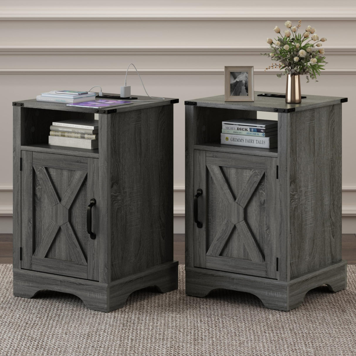 RoyalCraft Nightstand Set of 2 with Charging Station, Tall Farmhouse Bedside Table with Large Storage and Shelf, Wooden End Table with for Bedroom, Living Room(Dark Grey) RoyalCraft