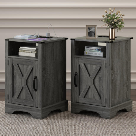 RoyalCraft Nightstand Set of 2 with Charging Station, Tall Farmhouse Bedside Table with Large Storage and Shelf, Wooden End Table with for Bedroom, Living Room(Dark Grey) RoyalCraft