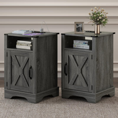 RoyalCraft Nightstand Set of 2 with Charging Station, Tall Farmhouse Bedside Table with Large Storage and Shelf, Wooden End Table with for Bedroom, Living Room(Dark Grey)