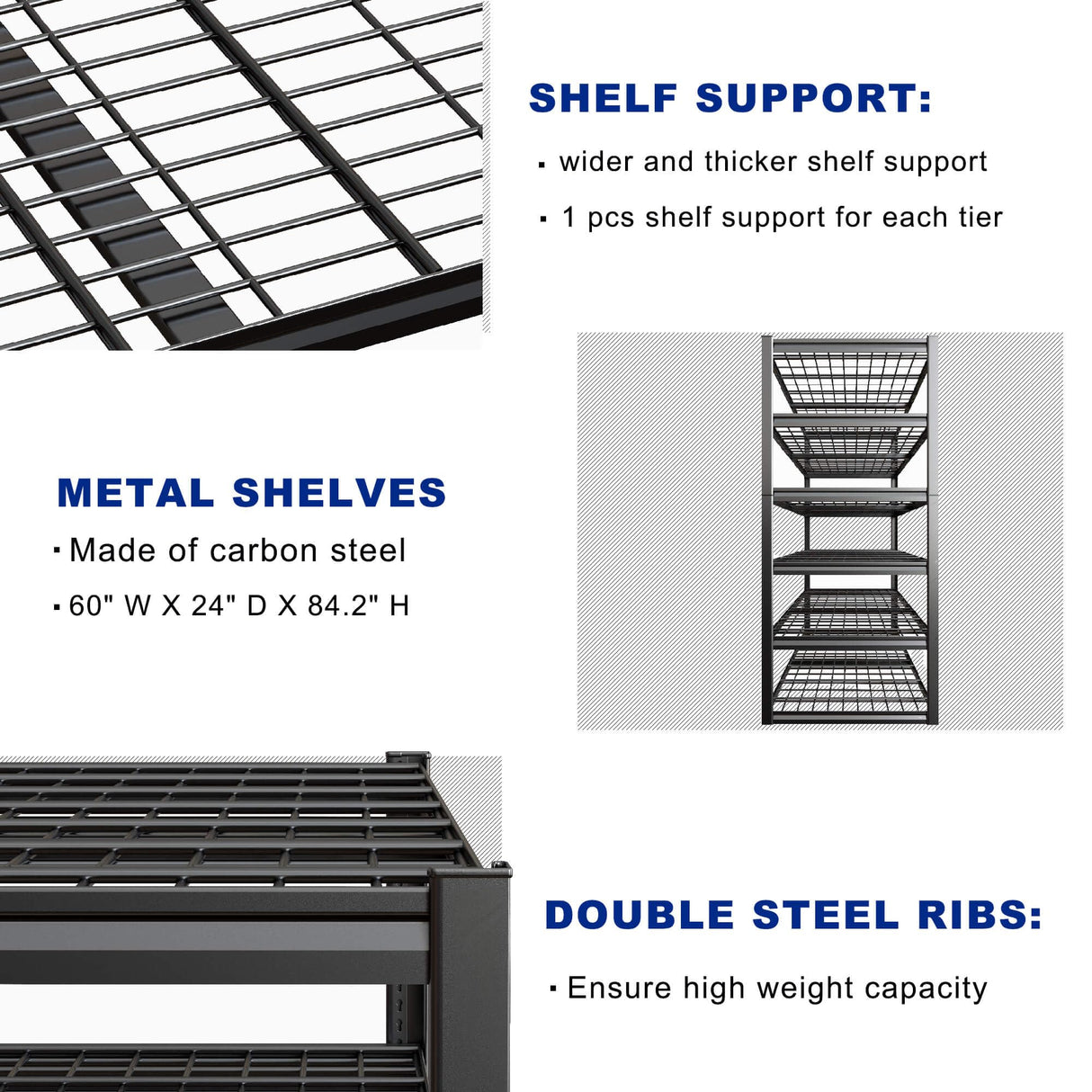 PMKES 60" Wide Heavy Duty Garage Shelving Adjustable 6 Tier Garage Storage Shelves 3900LBS Metal Shelving Unit Industrial Utility Shelf, 84" H x 60" W x 24" D PMKES