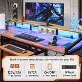SEDETA 63" Computer Desk, Office Desk with Lock Drawers for Legal/Letter File, Gaming Desk with LED Light & Power Outlet, Home Office Desks for Printer, Rustic Brown SEDETA