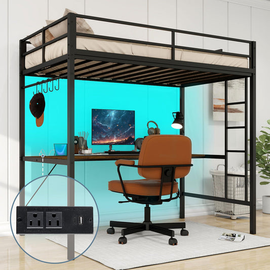 Rotihom Loft Bed Twin Size with Desk and RGB Led Strip, Twin Loft Bed Come with Hidden Charging Station, Strengthened Structure Metal Frame, Noise Free Bunk Bed with Desk (Brown Board)