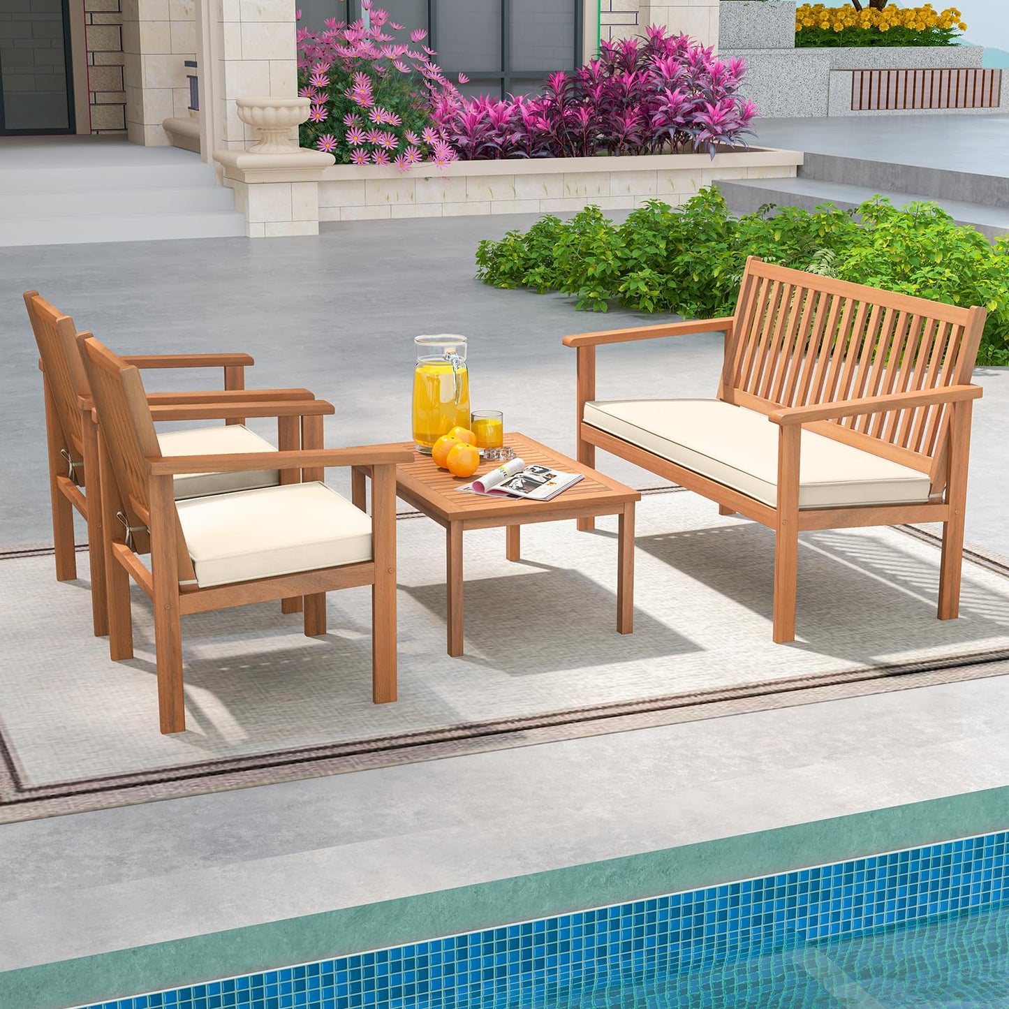 Tangkula 4 Piece Patio Wood Furniture Set, Acacia Wood Sofa Set w/Loveseat, 2 Chairs & Coffee Table, Soft Seat Cushions, Outdoor Wood Furniture Set for Porch, Yard, Balcony (Off White) - WoodArtSupply