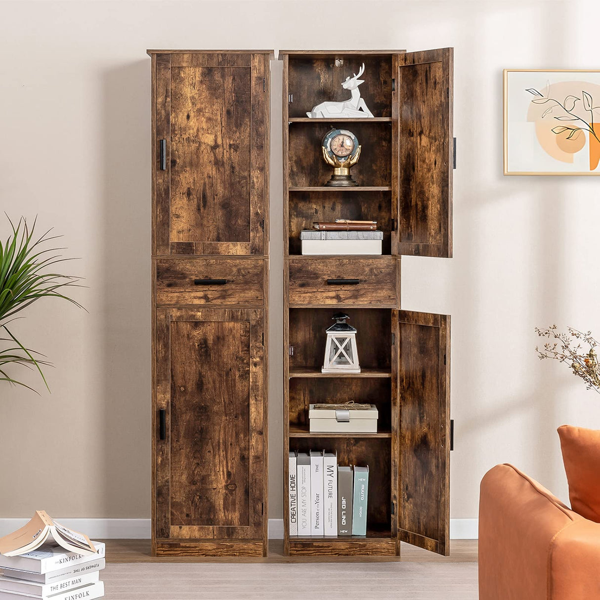 Usikey 67" Rustic Brown Tall Storage Cabinet with Adjustable Shelves & 2 Doors usikey