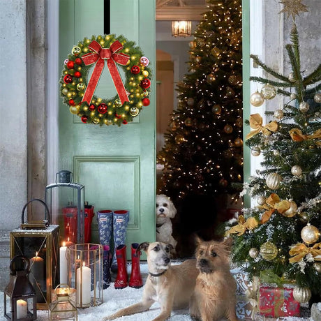 Juegoal 21 Inch Pre-Lit Christmas Wreath with Metal Hanger, Lighted Xmas Folded Wreath with 60 LED Lights, Red Bow and Colorful Balls, Battery Operated & Timer for Outdoor Home Window Wall Front Door Juegoal