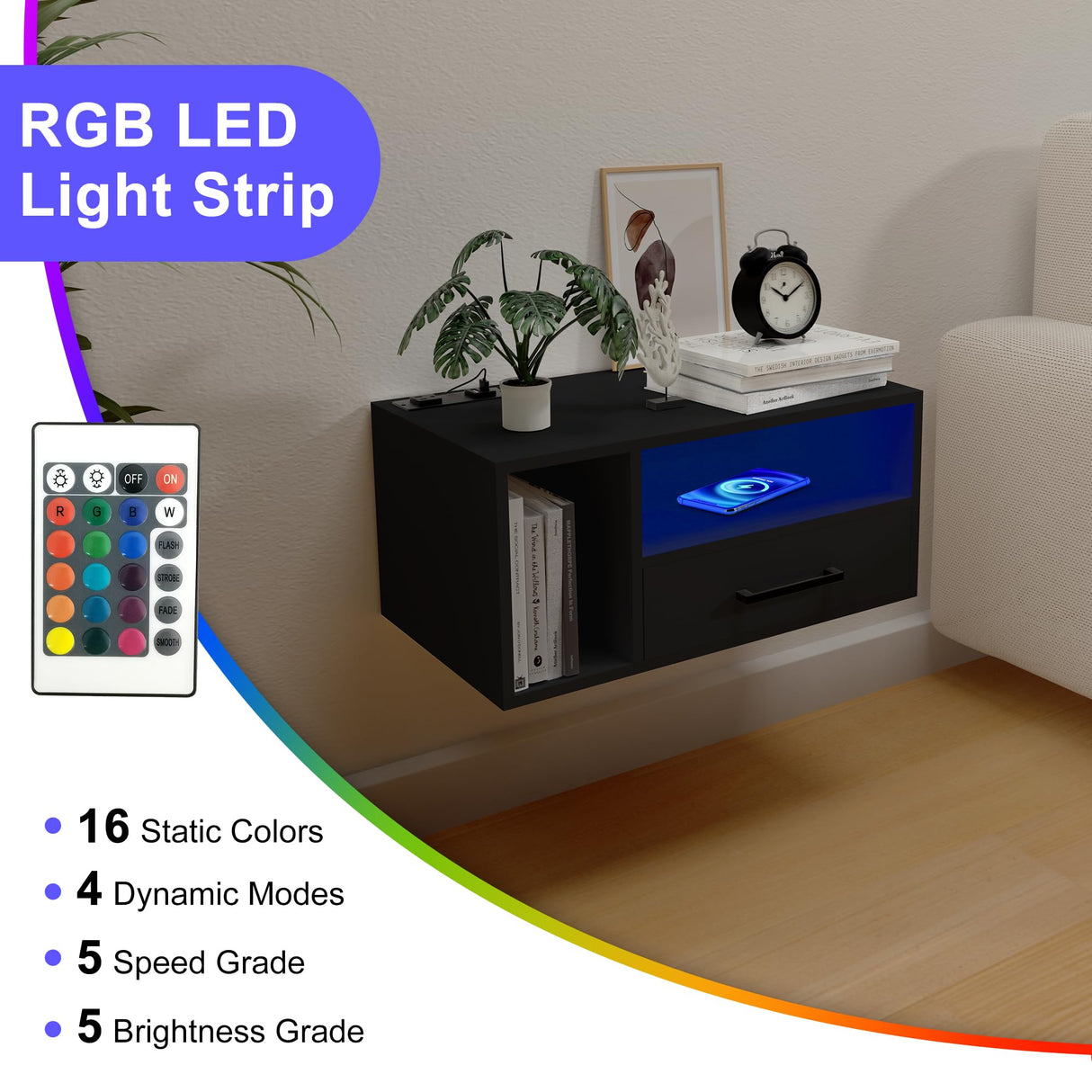 Homaterial Floating Nightstand with Charging Station and LED Lights, Floating Bedside Table with Drawers Wall Mounted Nightstands,for Bedroom Room, 21.3" x 11.8" x 10",Black Homaterial