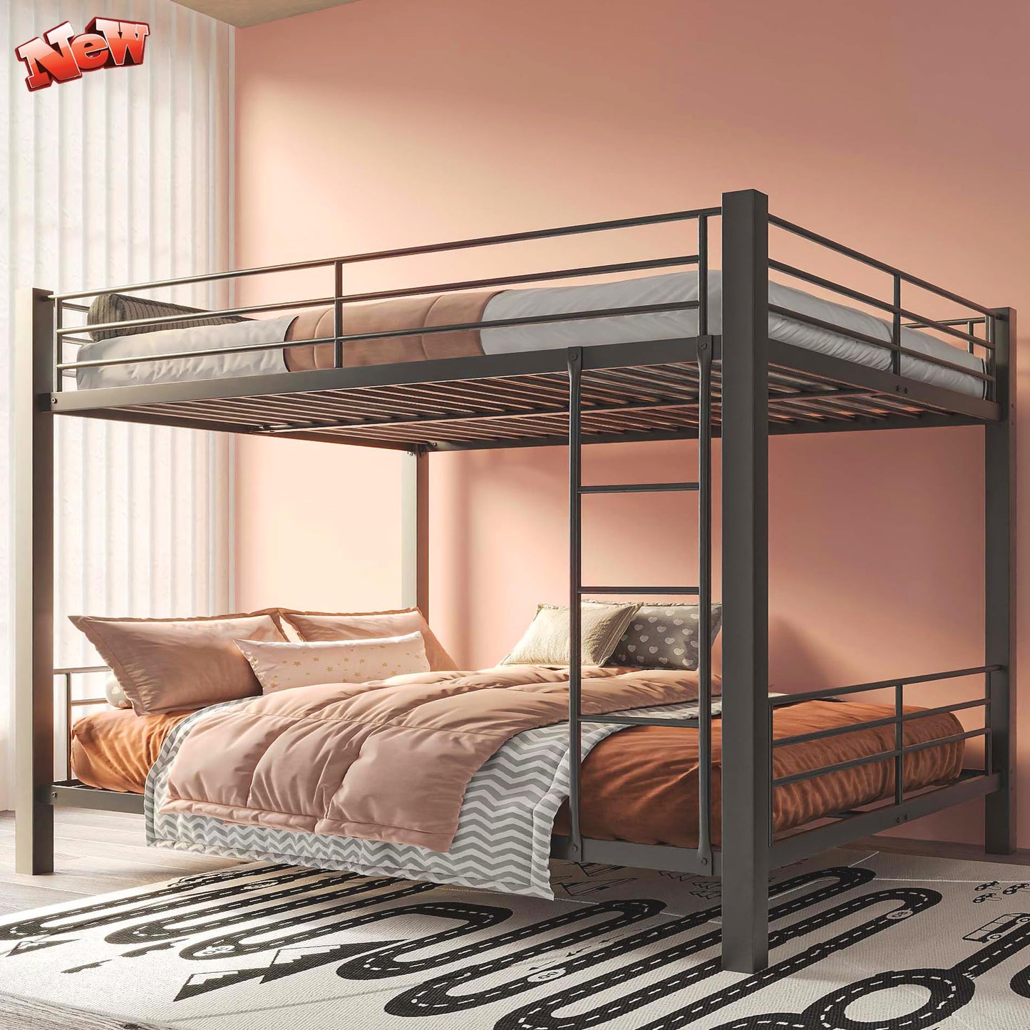 ZMIZAKOY Queen Over Queen Bunk Bed for Kids Adults Teens, Metal Bunk Bed Queen Over Queen Size with Ladder and Full-Length Guardrails and Slats Support for Boys Girls, Space-Saving,Easy Assemble