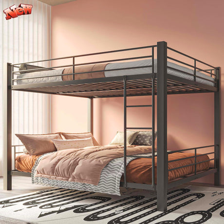 ZMIZAKOY Queen Over Queen Bunk Bed for Kids Adults Teens, Metal Bunk Bed Queen Over Queen Size with Ladder and Full-Length Guardrails and Slats Support for Boys Girls, Space-Saving,Easy Assemble ZMIZAKOY