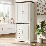 DWVO 71" Kitchen Pantry with Sliding Barn Door & Storage Drawers, Farmhouse Tall Storage Hutch Cabinet with Adjustable Shelves, Versatile Organizers for Living Room, Dining Room, Hallway, Off White DWVO