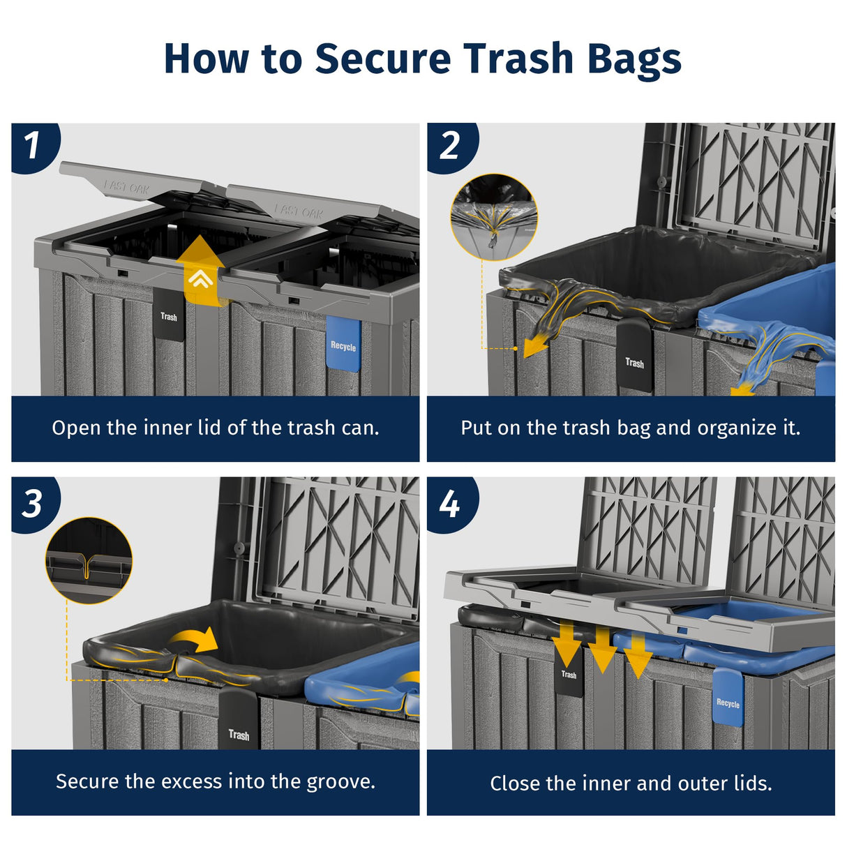 EAST OAK 62 Gallon Outdoor Trash Can | Waterproof Resin Garbage Can with Recycle and Garbage Labels | Secure Bag Lip Lock and Drip Tray | Outside Trash Bin for Patio | Kitchen, Backyard or Deck | Gray EAST OAK