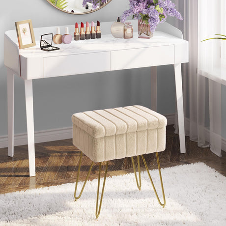 Greenstell Vanity Stool Chair Faux Fur with Storage, 15.7"L x 11.8"W x 19.4"H Soft Ottoman 4 Metal Legs with Anti-Slip Feet, Furry Padded Seat, Modern Multifunctional Chairs for Makeup, Bedroom,Camel GREENSTELL