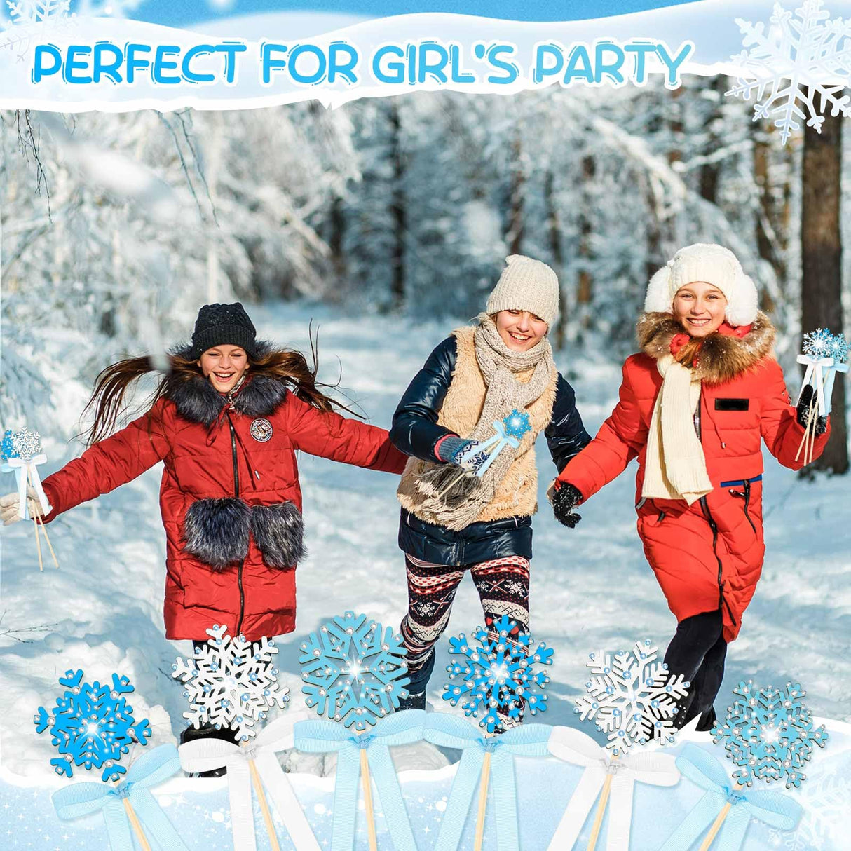 Juexica 78 Pcs Princess Snowflake Fairy Wand Kit Includes 48 Make Your Own Craft 6 Styles Unfinished Wooden Snow Wand and 12 Gem Stickers 4 Rolls Ribbon 12 Pcs Pen for Girls DIY Magical Craft Juexica