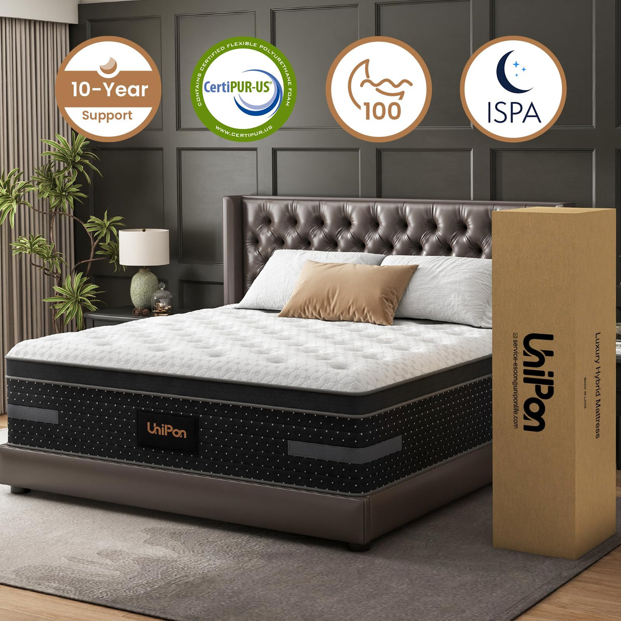 Queen Mattress, 14 Inch Hybrid Mattresses Medium Firm with Extra Lumbar & Shoulder Support, Motion-Isolation Bed in a Box for Pain Relief Deep Sleep Fiberglass Free - No Odor 365 Night Trial UniPon