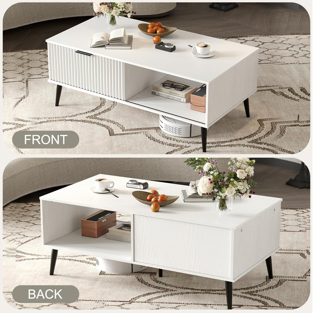 41.34''D Coffee Table, 2-Tiers Farmhouse Coffee Tables With Storage and Sliding Wave Pattern Door, Modren Tea Table, Wooden Dining Center Tables for Living Room, Office, Bedroom, Outdoors, White IDEALHOUSE