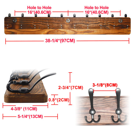Dseap Coat Rack Wall Mounted - 10 Tri Hooks, 38-1/4" Long, Heavy Duty Wooden Wall Coat Hanger Coat Hook for Clothes Hat Jacket Clothing, Natural & Black Dseap