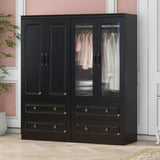 GraceGrove Armoire Wardrobe Closet with 4 Glass Doors and 4 Drawers, Armoire with Hanging Rods, Wood Armoire Closet Cabinet with Large Storage, Armoires and Wardrobes for Bedroom Black GraceGrove